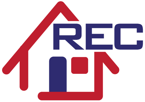 A red and blue house with the word " rec " written in it.